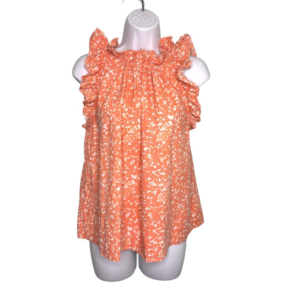 Ulla Johnson Ruffle Cap Sleeve Printed Cotton Top Peach 6
